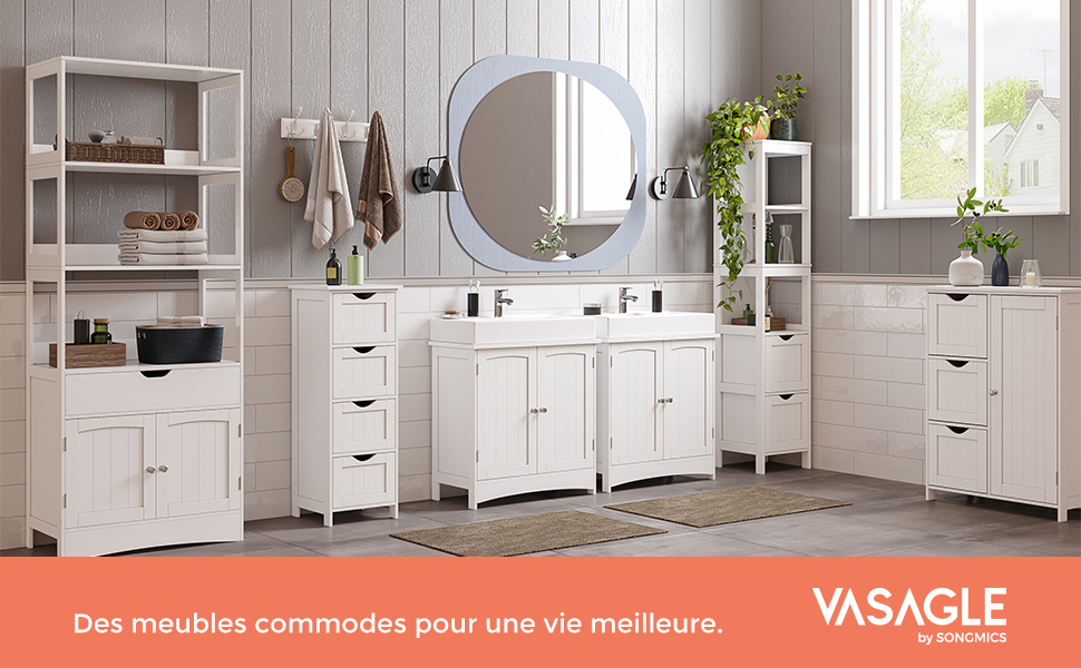 Songmics Meuble De Salle De Bain Avec Tiroir, 3 Compartiments Ouverts, étagères Réglables, 2 Portes, 75 X 30 X 80 Cm, Style Nordique Scandinave, Blanc Mat 12 1/