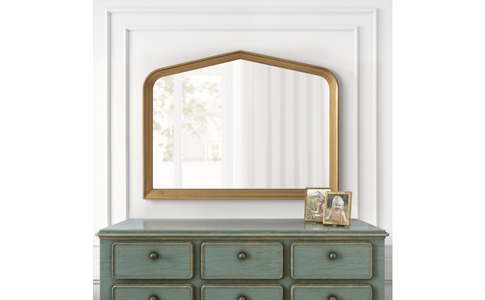 Kate and Laurel Tudor Traditional Wooden Wide Wall Mirror with Pointed Arch and Wood