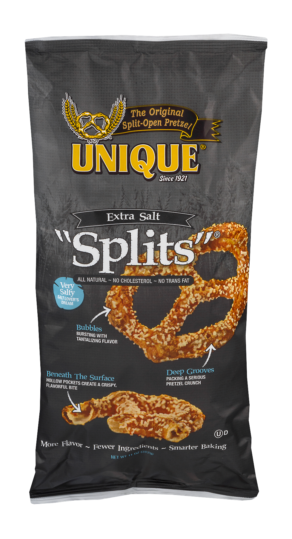 Unique Pretzels Extra Salt Pretzel Splits, 11Ounce, 12 Bags