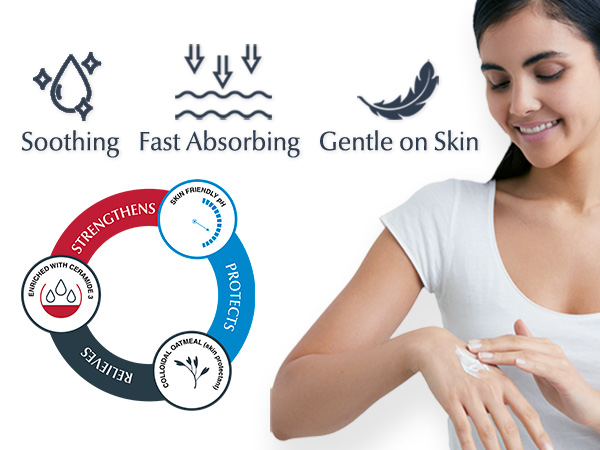 Soothing, fast-absorbing, gently on skin. Protects, relieves and strengthens skin.