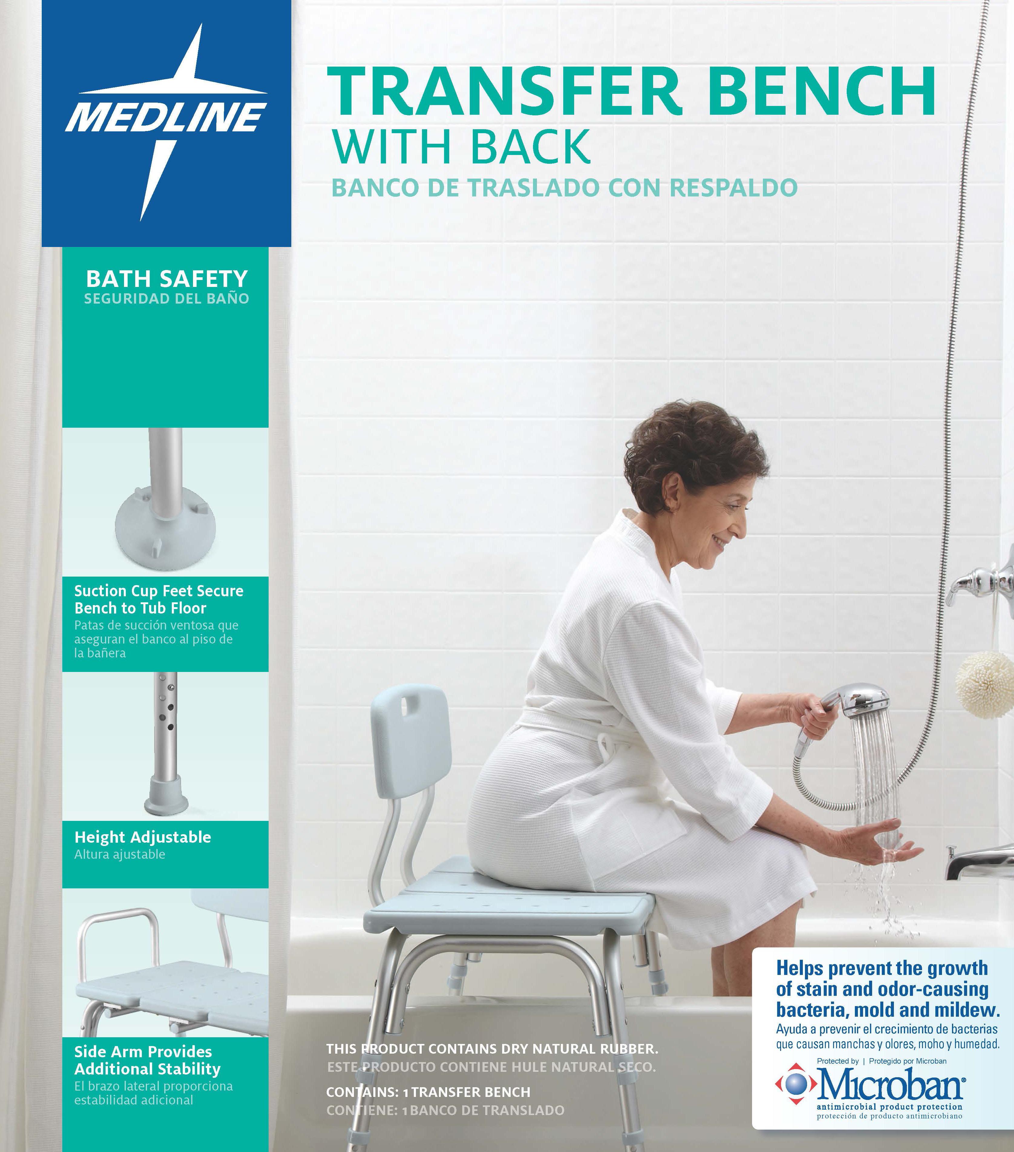 Medline Transfer Bench with Back, Knockdown, Microban