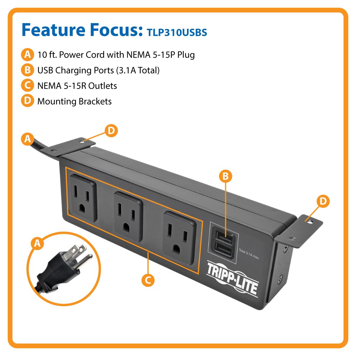 Tripp Lite 3 Outlet Surge Protector Power Strip with