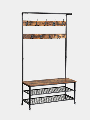 VASAGLE Appendiabiti In Stile Industriale Con Panca E Ripiani Portaoggetti, Appendiabiti Di Grandi Dimensioni Per Cappotti E Cappelli, Multifunzione, Struttura In Ferro Stabile Da SONGMICS 12 1