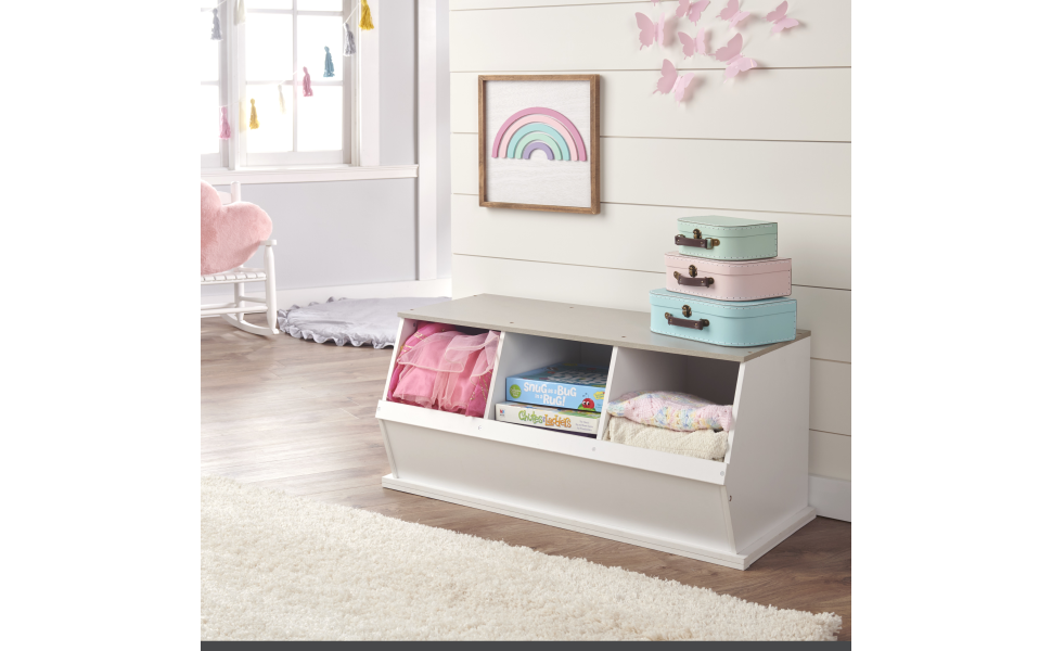 Badger Basket Three Bin Stackable Toy Storage Cubby Organizer White/Light Gray