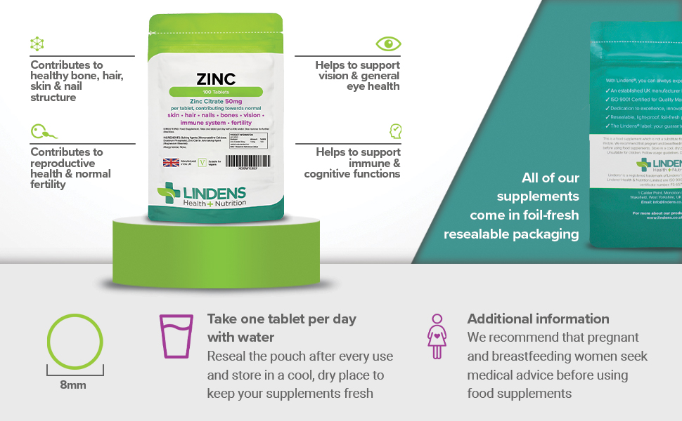 Lindens Zinc Citrate 50mg 100 Vegan Tablets Immune Function