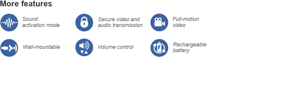sound activation secure video audio transmission wall mountable volume control rechargeable battery