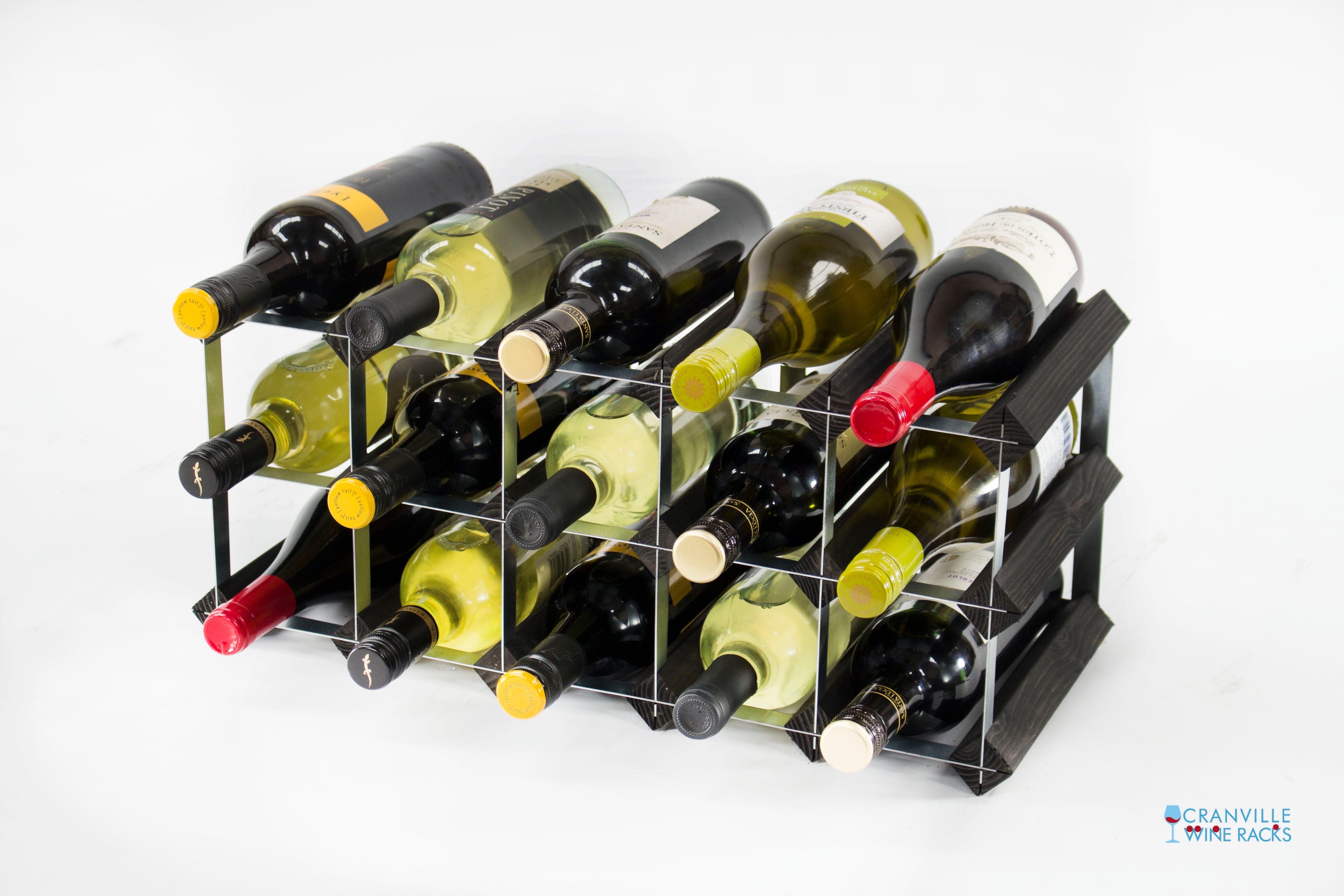 Classic 15 Bottle Black Stained Wood and galvanised Metal Wine Rack