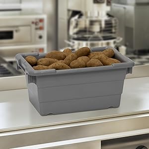 commercial kitchen with tub full of potatoes