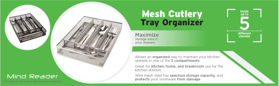 Black Mesh Mind Reader Meshcut2 Blk 5 Section Cutlery Tray Drawer