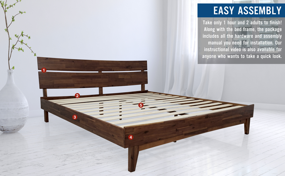 Acacia Aurora Wooden Bed Frame with Headboard, Solid Wood Platform Bed