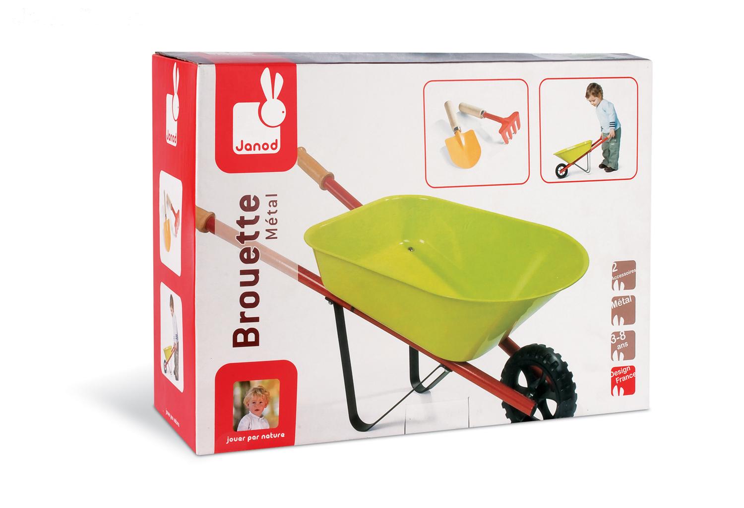 Janod Metal Wheelbarrow with 1 Shovel and 1 Rake Toys & Games