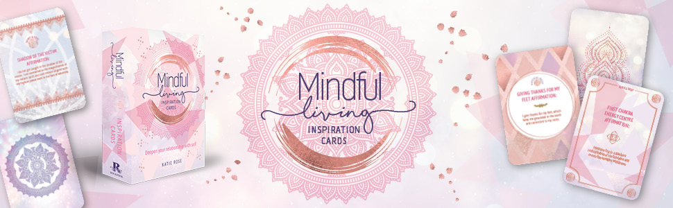 Mindful living cards, deck on the left with various cards around sides.