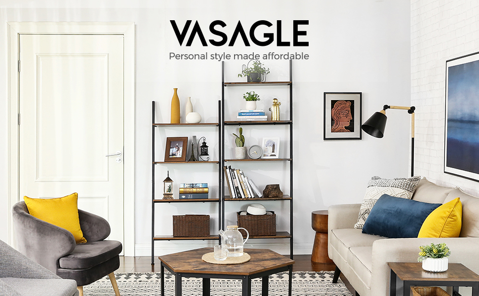 VASAGLE Industrial Ladder Shelf, 5-Tier Bookshelf Rack, Wall Shelf For Living Room, Kitchen, Office, Stable Iron, Leaning Against The Wall, Rustic Brown By SONGMICS LLS46BX 12 1