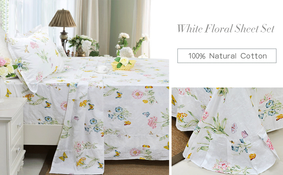 Usning White Floral Sheet Set Queen, 100 Cotton 600TC