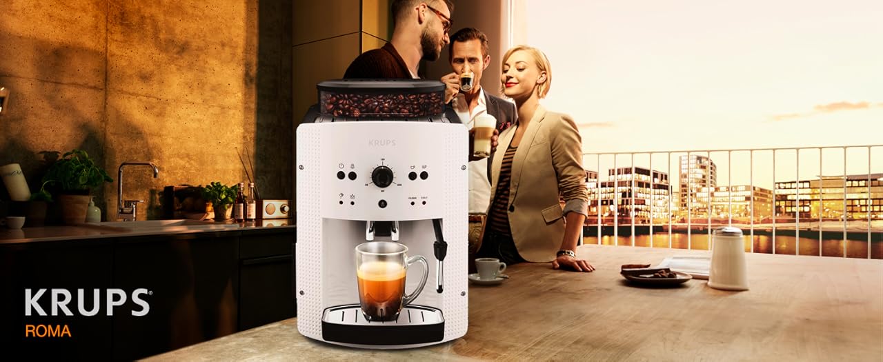 Reseña y opiniones de Krups Roma - Cafetera superautomática 15 bares de presión, 3 niveles intensidad café, cantidad ajustable 20 a 220ml, limpieza y descalcificación automático, molinillo integrado EA8105
