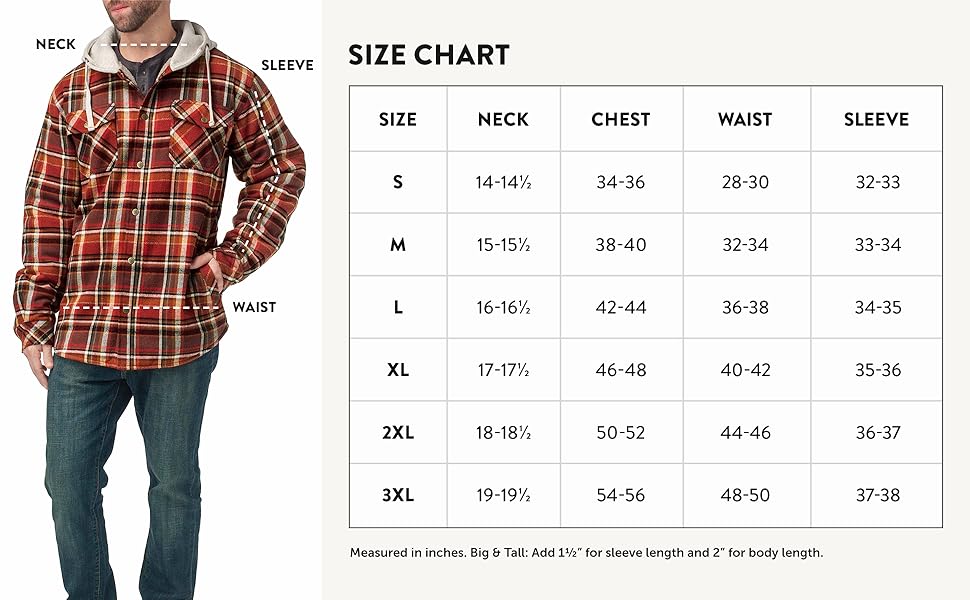Men's Camp Night Berber Lined Shirt Jacket Size Chart