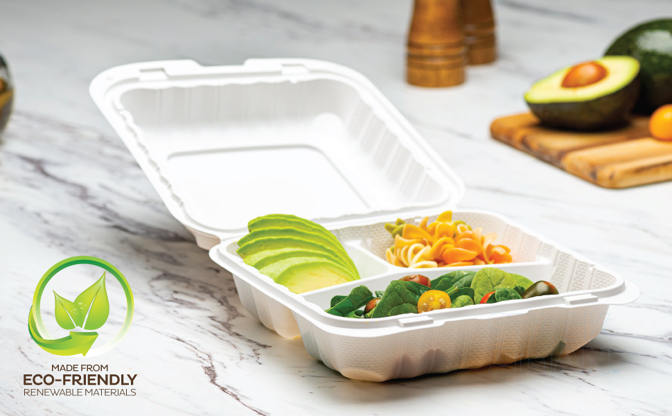 EcoFriendly Meal Prep Containers 3 Compartment [50Pack 8x8x3