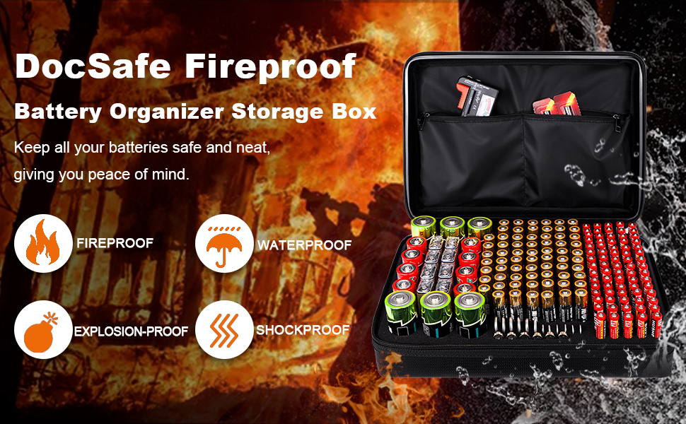 DocSafe Fireproof Battery Organizer Storage Box,Fireproof Waterproof Carrying Case Bag Holder