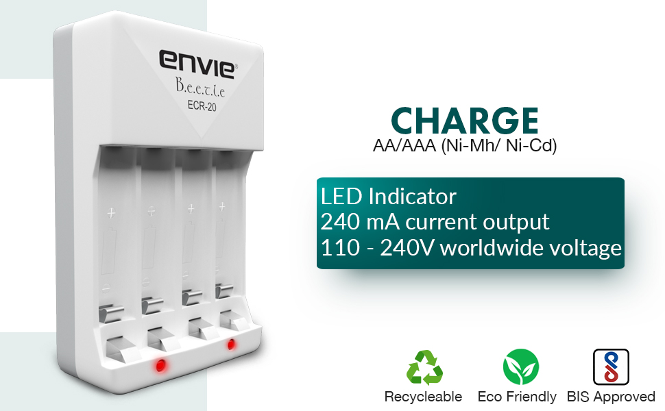 ENVIE® (ECR20+AA2100 4PL) Charger for AA & AAA Rechargeable Batteries