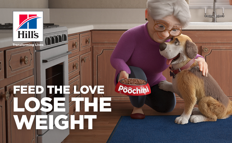 Feed the Love, Lose the Weight. Cartoon woman nuzzling her dog, Poochini.