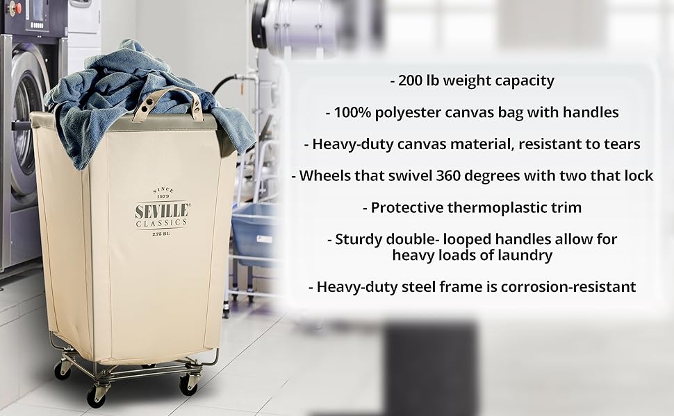 Seville Classics Commercial HeavyDuty Canvas Laundry Hamper with Wheels, 18.1" D x 18.1" W x 27