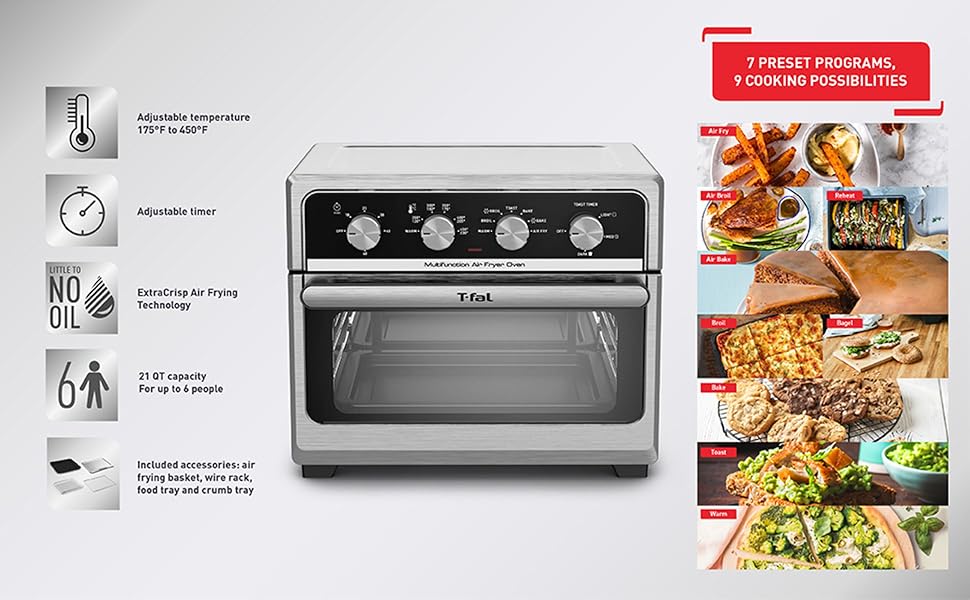 Tfal 9 in 1 Toaster Oven Air Fryer Combo Stainless Steel Convection Countertop Oven