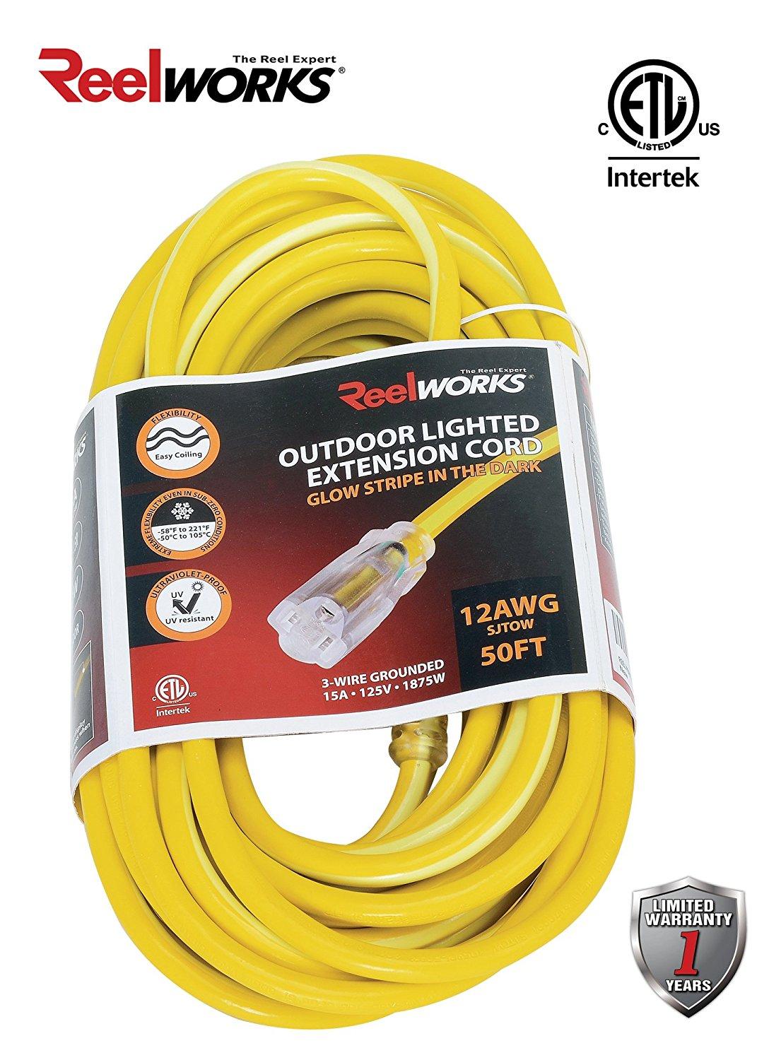 REELWORKS Heavy Duty 50 FT Long Extension Cord For Indoor and Outdoor