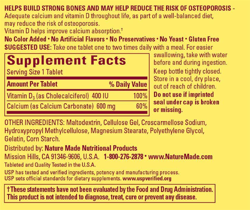 Nature Made Calcium (Carbonate) 600 mg w. D3 400 IU Tablets