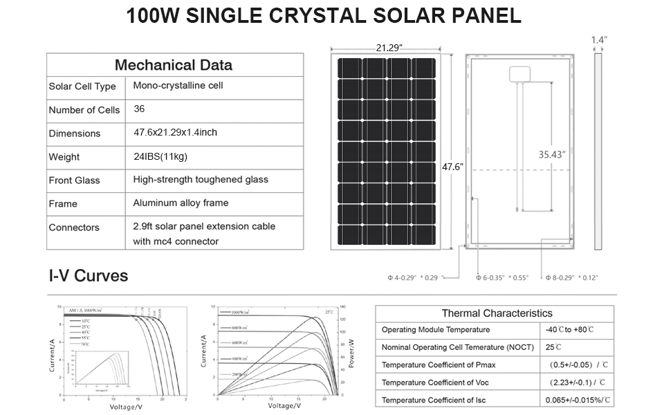 ECOWORTHY 100W 12 Volt Solar Panel Monocrystalline 100 Watt Solar