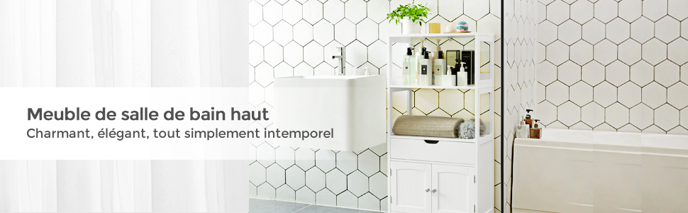 Songmics Meuble De Salle De Bain, Avec Tiroir, 2 Compartiments Ouverts, 2 Portes, Placard 4 étages, 60 X 32,5 X 122 Cm, Blanc 13 BBC64WT