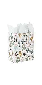 Rustic Christmas gift bag with forest greenery and winter woodland foliage in mint, sage and red