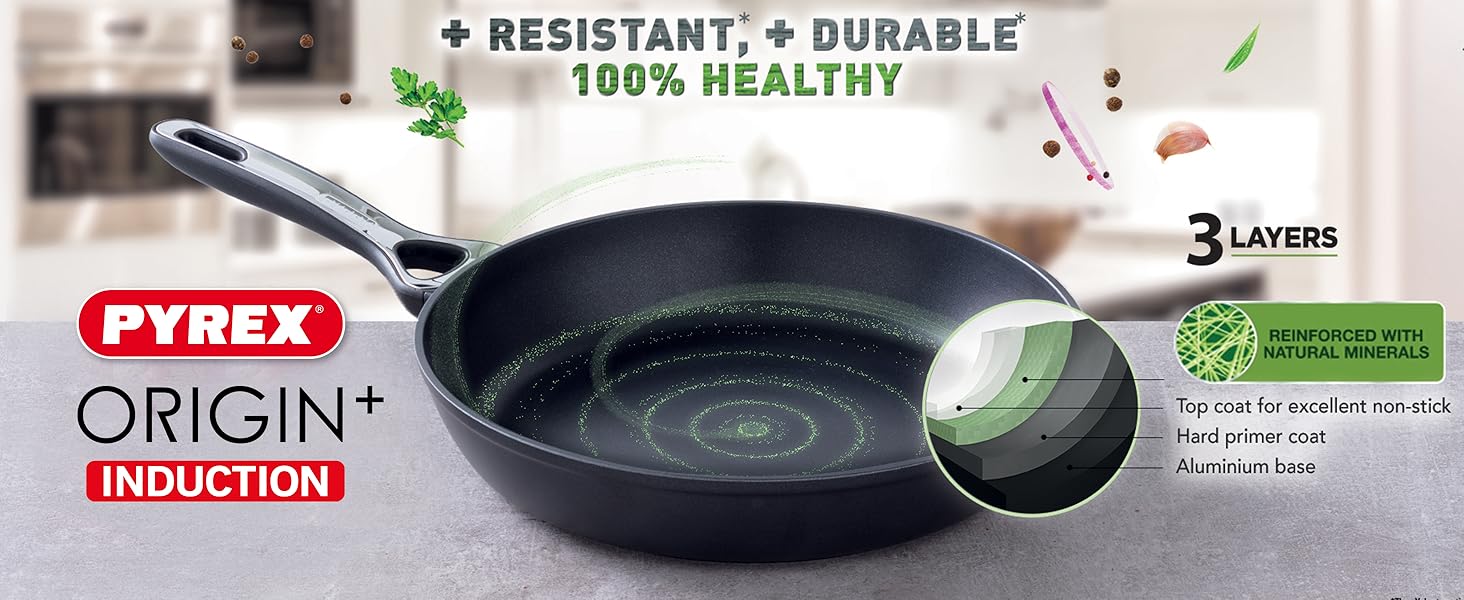 Pyrex RP28BW4 Origin+ Induction NonStick Wok, 28cm,Black Frying Pans