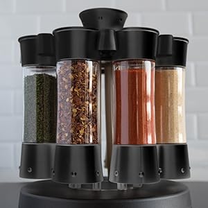 auto-measure spice carousel; stackable spice storage; carry handle; 8 spice bottles; stacks