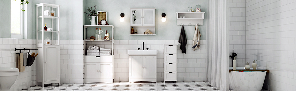 Songmics Meuble De Salle De Bain, Avec Tiroir, 2 Compartiments Ouverts, 2 Portes, Placard 4 étages, 60 X 32,5 X 122 Cm, Blanc 12 BBC64WT