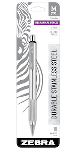 zebra pen stainless steel mechanical pencil closeup, knurled metal grip, 0.7mm point size