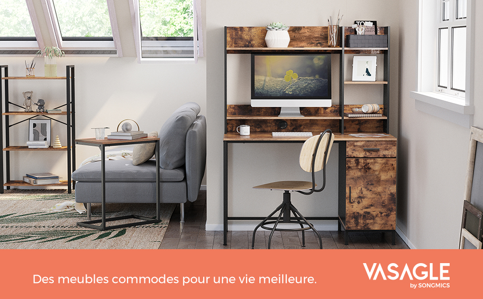 VASAGLE Bureau, Table, avec étagères de Rangement, Placard et tiroir