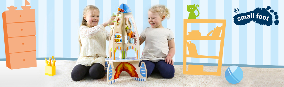 small foot wooden toys by legler banner. 2 children playing with a wooden rocket ship.