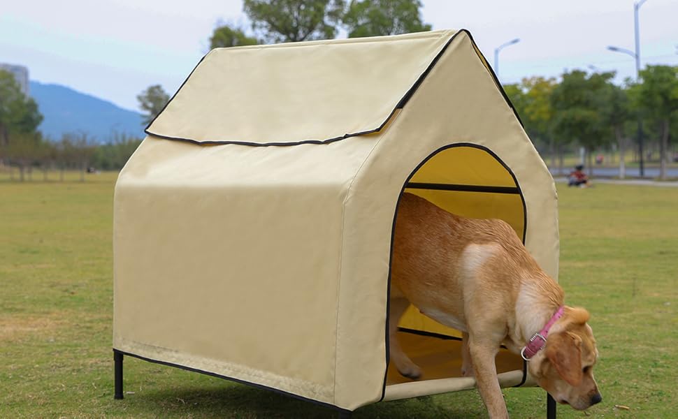 AmazonBasics Elevated Portable Pet House, Medium (43 x 35 x 30 Inches), Khaki Pet