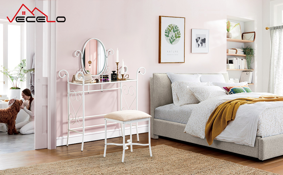 VECELO Classic Metal Set Bedroom Vanity with Glass Table