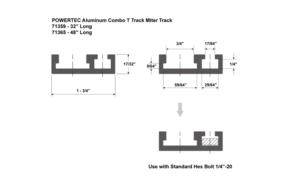POWERTEC 71365 Aluminum Combo TTrack Miter Track for Woodworking 48
