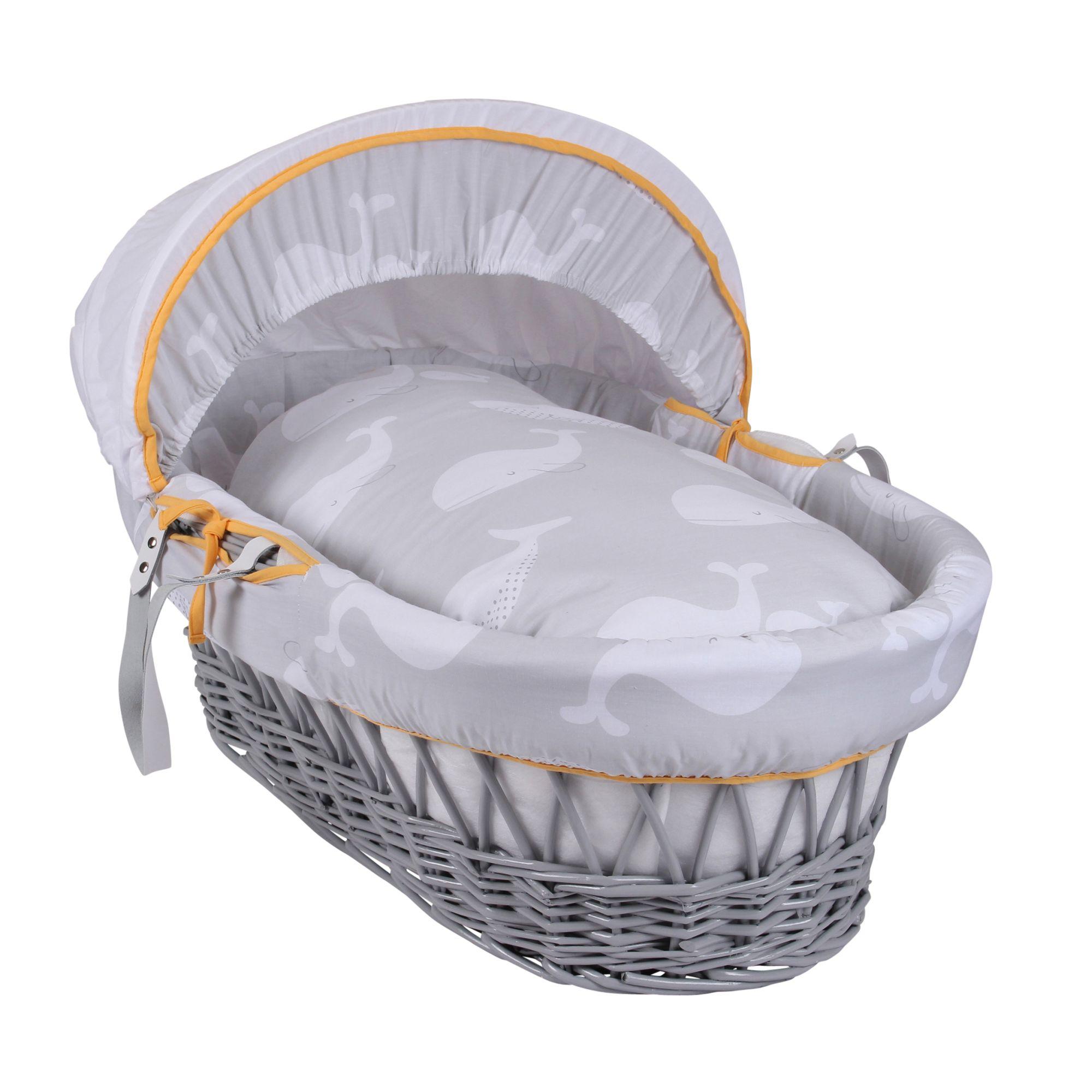 Clair de Lune Whales Grey Wicker Moses Basket inc. bedding, mattress