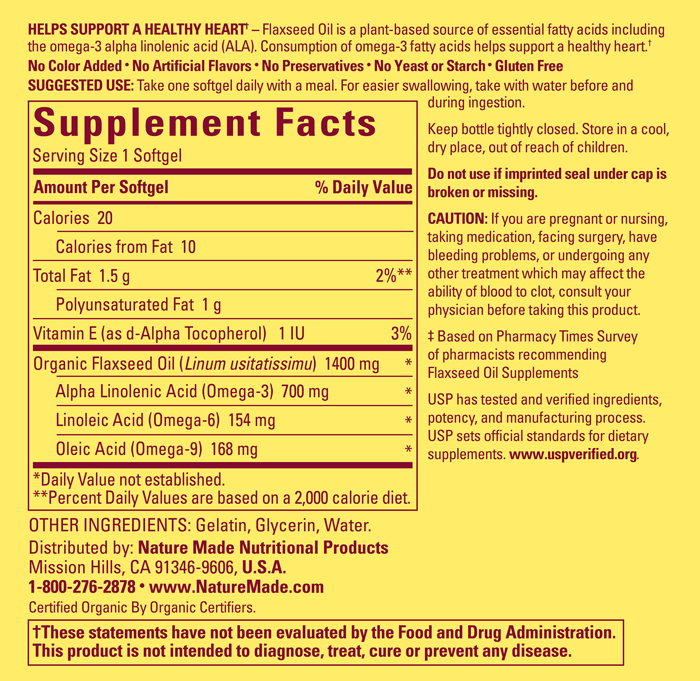 Nature Made Flaxseed Oil 1,400 mg Softgels, 100 Count for
