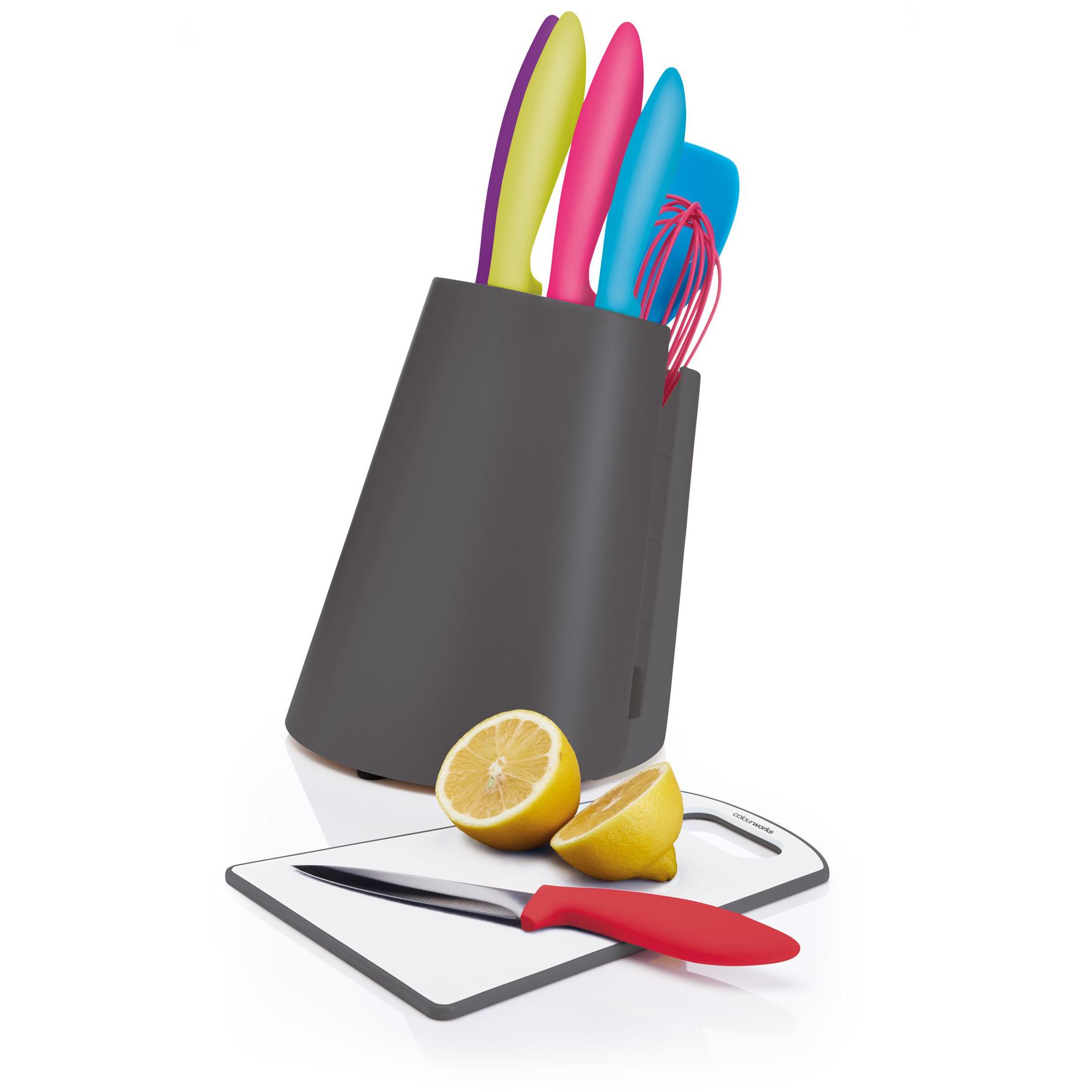 KitchenCraft Colourworks 3in1 Set, Wooden Knife Block with 5 Knives