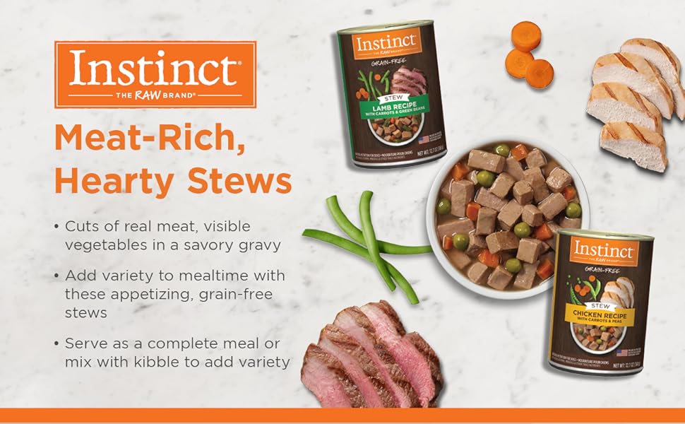 Amazon Com Instinct Grain Free Stews Beef Recipe With Carrots Peas Natural Wet Canned Dog Food By Nature S Variety 12 7 Oz Cans Case Of 6 Pet Supplies