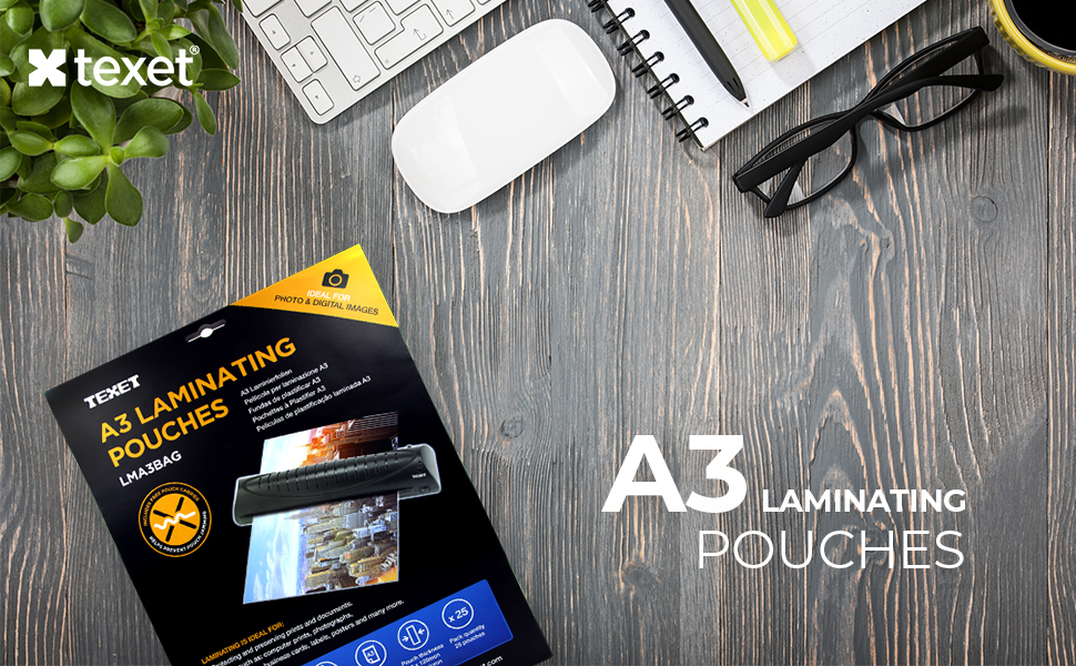 Texet A3 Lamination Sheet, Pack of 25 Photo Quality Glossy Finish Laminating Pouches, 216 x 303