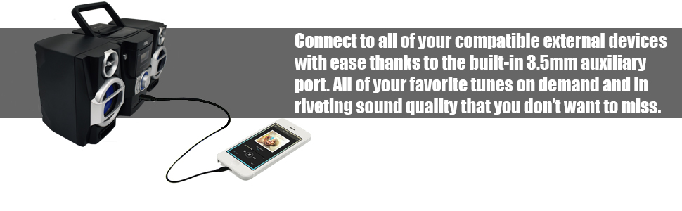 connect,compatible,external,devices,3.5,auxiliary,port,tunes,music,audio,sound,quality