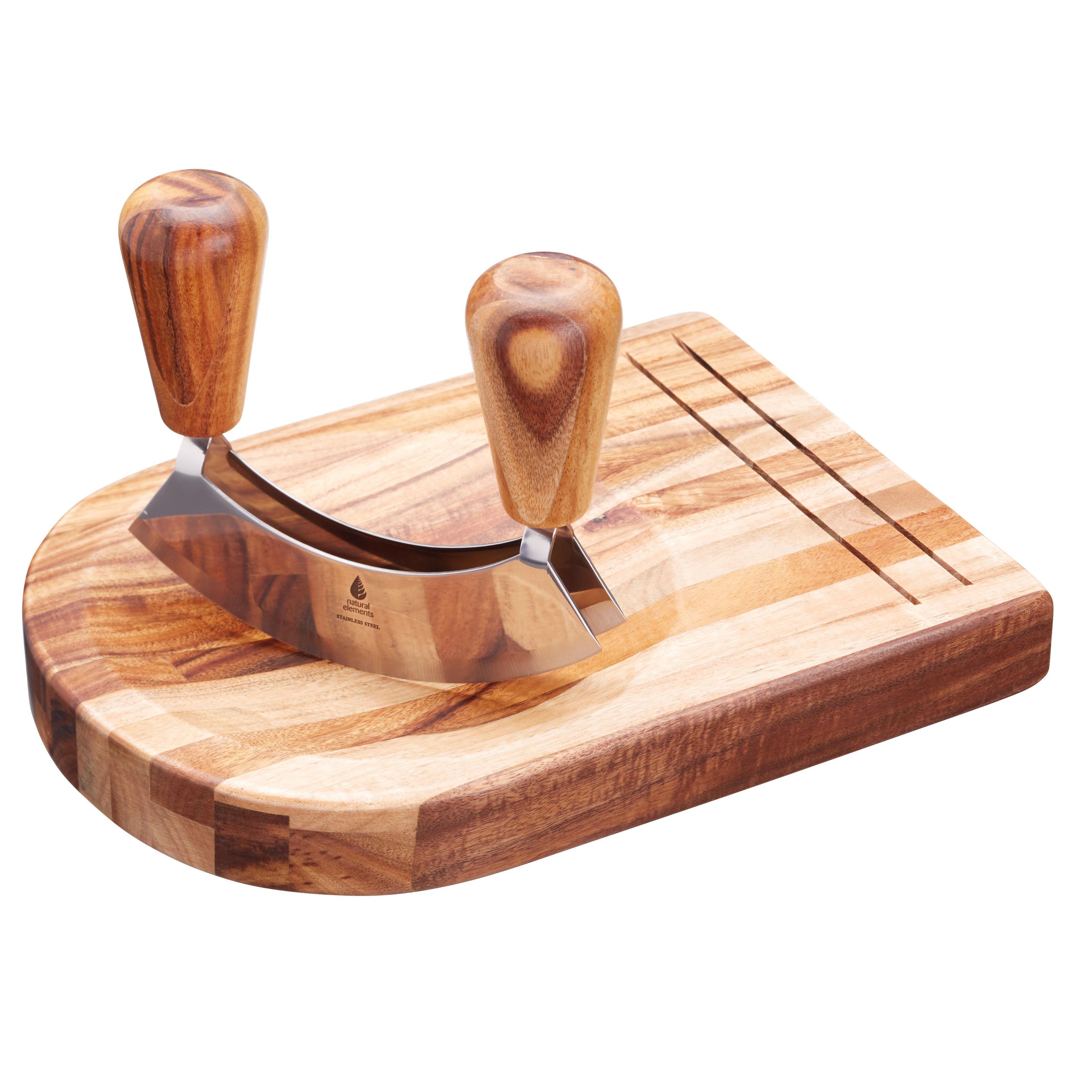 KitchenCraft Natural Elements Double Mezzaluna Knife with Wooden Herb Chopping Board (2Piece