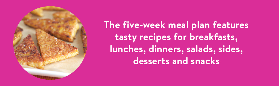 The 5 week meal plan features tasty recipes for breakfasts, lunches, salads, sides, desserts 