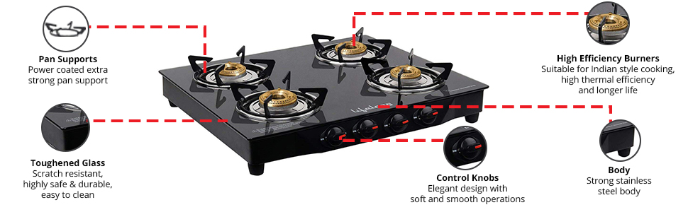 Buy Lifelong Glass Top Gas Stove 4 Burner Gas Stove Black Isi