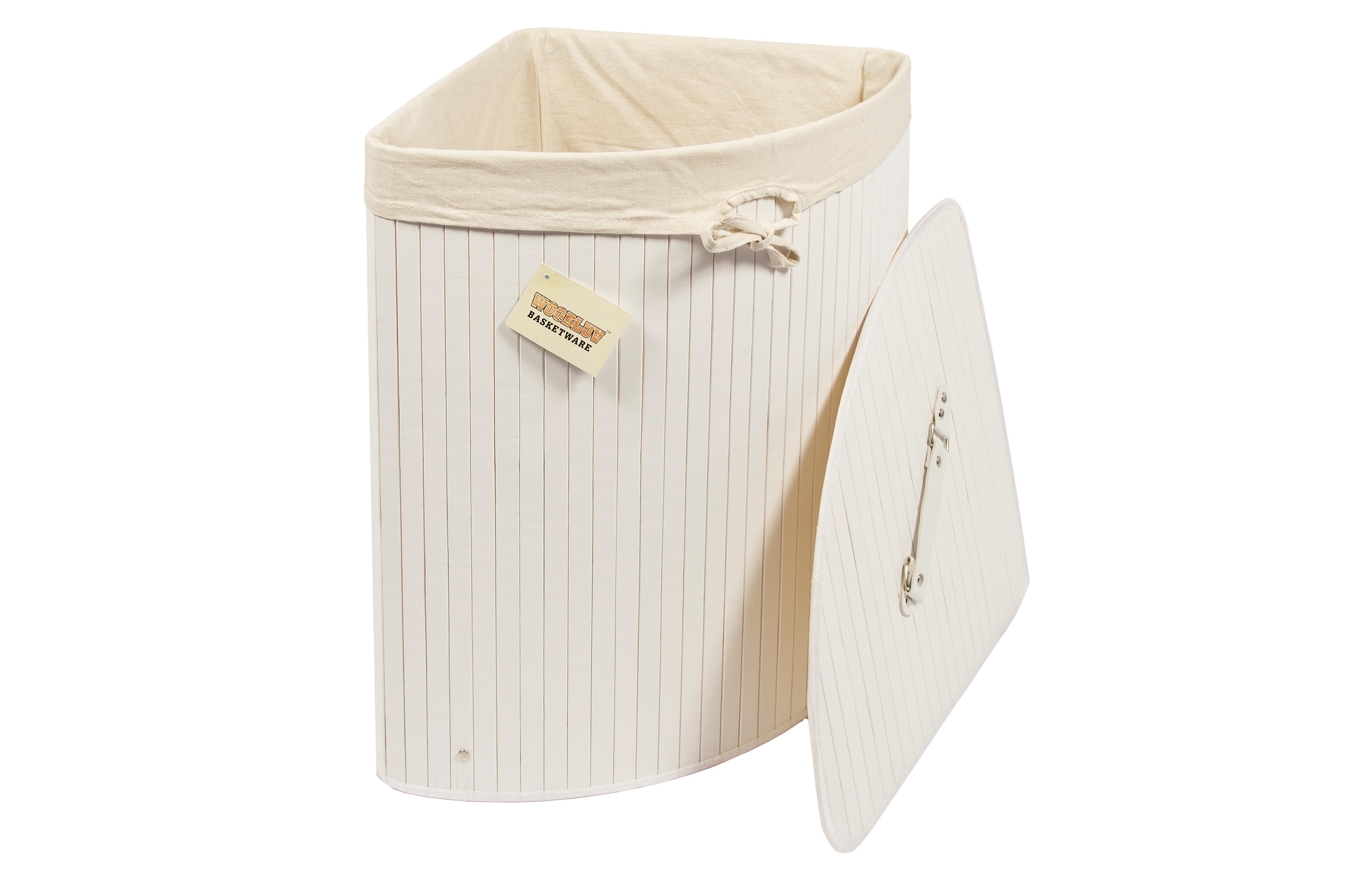 woodluv Bamboo Corner Linen Laundry Storage Bin Folding Basket, White